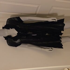 BCBG Short Sleeve Crochet Cardigan with Front Tie size L Black